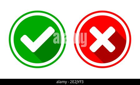 Ja und Nein oder richtig und falsch oder genehmigte und abgelehnte Symbole mit Häkchen und X-Zeichen mit Schatten in grünen und roten Kreisen. Vektorbild. Stock Vektor