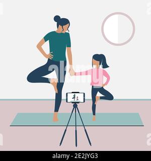 Eine Mutter und Tochter stehen in einer Baumpose und nehmen eine Video-Yoga-Lektion auf ihrem Smartphone auf. Yoga mit Kindern. Das Konzept von zu Hause bleiben. Zu Hause Stock Vektor