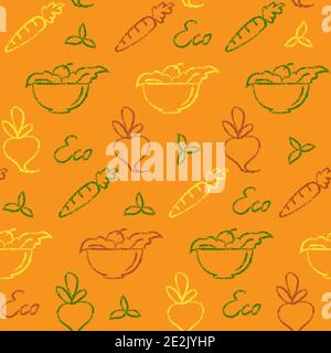 Helles, nahtloses Muster mit handgezeichneten Öko-Food-Symbolen und Beschriftung Stock Vektor