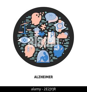 Alzheimer-Symptome rund Konzept in flachen Stil. Banner oder Poster Vorlage mit Senioren Krankheitszeichen. Stock Vektor