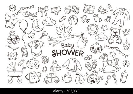 Big set of cute doodle baby and newborn elements. Hand-drawn objects isolated on white background. Baby clothes, toys and care accessories. Stock Vektor