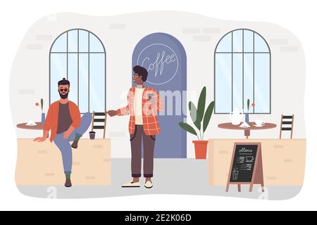 Menschen im Kaffeehaus, Coffee Shop Vektor Illustration. Cartoon junge Hipster Mann Figur sitzt im Inneren des gemütlichen Café mit Tasse Kaffee, im Gespräch mit Freund. Freundliches Meeting isoliert auf Weiß Stock Vektor