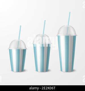 Vector 3d realistisches Weiß, blau gestreiftes Papier Einweg-Cup-Set, Deckel, Stroh. Getränke, Getränke, Kaffee, Soda, Tee, Cocktail, Milchshake. Design Stock Vektor