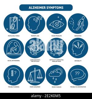 Sammlung von Alzheimer-Krankheit Symbole auf weißem Hintergrund isoliert. Senioren Healthcare Konzept Symbole in dünnen Linie Stil. Demenz, Gedächtnisverlust, Mo Stock Vektor