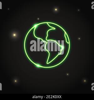Neon Planet Earth Ikone im Thin Line Stil. Sonnensystem Raumelement in dunklen Himmel. Stock Vektor