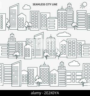 Nahtlose Skyline der Stadt mit Bäumen und Wolken im dünnen Linienstil. 3 wiederholbare Straßenvorlagen für Hintergrund, Rand oder Trennwand. Stock Vektor