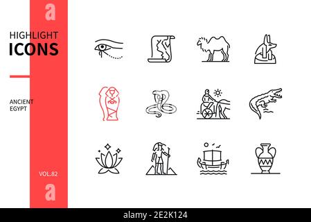 Ancient Egypt - modernes Liniendesign Stil Ikonen gesetzt. Ägyptische Kultur Zeichen und Symbole, Geschichte Idee. Auge des Horus, Nil, Kamel, Anubis, Grab, Kobra, Stock Vektor