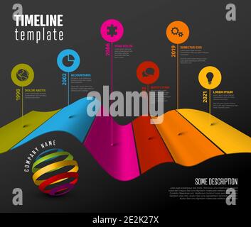 Vektor-Infografik dunkle diagonale Zeitleiste Berichtsvorlage mit 3d farbigen Streifen Grafik, Symbole und Beschreibungen Stock Vektor