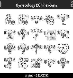 Schwarze Symbole für die Gynäkologie eingestellt. Weibliche Fortpflanzungssystem medizinische Untersuchung. Piktogramme für Webseite, mobile App Stock Vektor