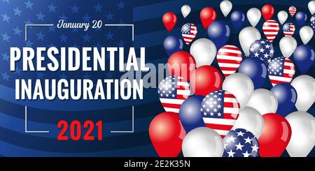 Präsidenteneröffnung USA 20. Januar 2021 Banner mit fliegenden Luftballons. Social Distancing Concept US-Präsident Amtseinführung mit Text Stock Vektor