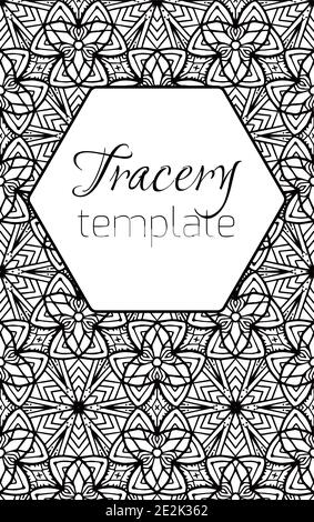 Vertikale Karte mit Doodle Blumenmuster mit Dekorationen und Platz für Text. Banner mit schwarz-weißem Kaleidoskop. Vektor Natur leer. Vorlage mit Stock Vektor