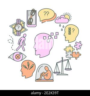 Alzheimer-Symptome rund Konzept in Linie Stil. Banner oder Poster Vorlage mit Senioren Krankheitszeichen Symbole. Demenz, Gedächtnisverlust, Stimmungswechsel und o Stock Vektor