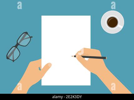 Flache Design-Illustration der Hand halten weißen Blatt Papier und Bleistift. Zeichnen oder Schreiben mit Platz für Ihren Text - Vektor Stock Vektor