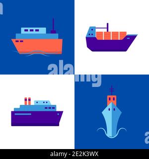 Ocean Kollektion von Schiffs-Ikonen im flachen Stil. Marine Symbole Set einschließlich verschiedener Arten von Schiffen. Seetransport und Frachttransport Konzept eleme Stock Vektor