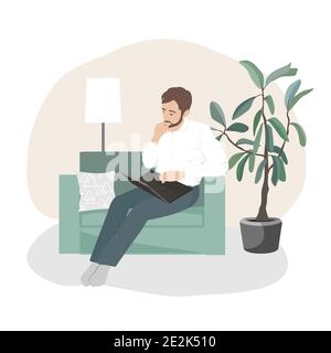 Mann mit Laptop auf dem Sofa. Arbeiten von zu Hause, freiberuflich oder Studienkonzept. Niedliche Illustration im flachen Stil Stock Vektor