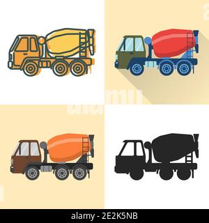Betonmischer LKW Symbol in flachen und Linie Stile gesetzt. Abbildung für Industriefahrzeuge. Transportsymbol auf weiß isoliert. Stock Vektor