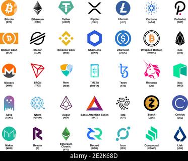 2021 Neue beliebte Kryptowährung (Bitcoin, Altcoin) Symbol Vektor Illustration Set Stock Vektor