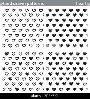 Vier verschiedene nahtlose Muster mit handgezeichneten Herzen. Stock Vektor