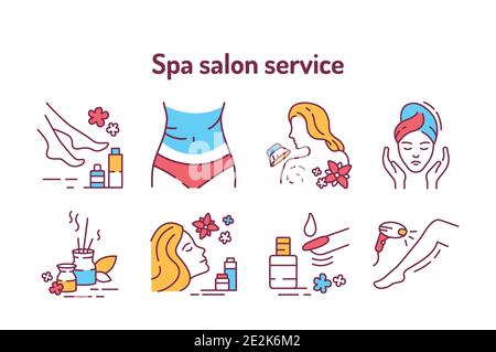 SYMBOLE FÜR SPA-Farblinien festgelegt. Schönheitsbehandlungen. Piktogramm für Webseite, mobile App, Promo. UI UX GUI Design Element. Bearbeitbare Kontur Stock Vektor