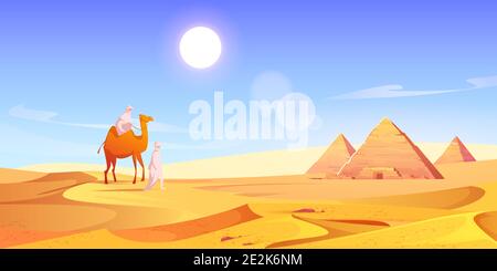 Zwei Männer und Kamel in der ägyptischen Wüste mit Pyramiden. Vektor-Cartoon-Illustration der Landschaft mit arabischen beduinen, gelben Sanddünen, alten pharaongräber und heiße Sonne am Himmel Stock Vektor