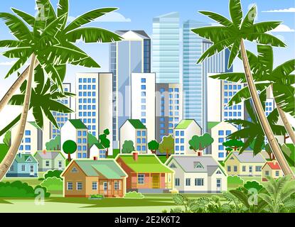 Ein Dorf in den Vororten einer großen Stadt. Stadtbild mit Palmen und Himmel. Hochhäuser, Wolkenkratzer und Hochhäuser. Grüner Parkbereich. Flach Stock Vektor