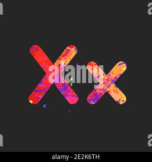 Buchstaben X Groß- und Kleinschreibung mit Wirkung von flüssigen Farbflecken in rot, lila, gelben Farben, isoliert auf dunkelgrau. Dekorationselement für die Gestaltung eines Flyers, Plakats, Deckblattes, Titels. Vektor Stock Vektor