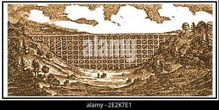 1852 - KALIFORNISCHER GOLDRAUSCH - eine alte Gravur des Bear River & Auburn Ravine Viaduct California (Bear River Bridge). Die alte hölzerne Bear River Bridge (befand sich im Nevada County, Kalifornien und wurde später durch eine Beton- und Stahlkonstruktion ersetzt.Es war die höchste Eisenbahnbrücke des Staates. Die Brücke wurde 1963 demontiert, um Platz für einen Damm zu schaffen. Am 16. Mai 1848 fand Claude Chana Gold in der Schlucht von Auburn. Im April 1849 waren die North Fork Dry Ausgrabungen zu einem gut etablierten Bergbaulager geworden. Das Lager hatte viele Namen, darunter Rich Ravine und Wood's Dry Diggings oder Auburn Ravine. Stockfoto