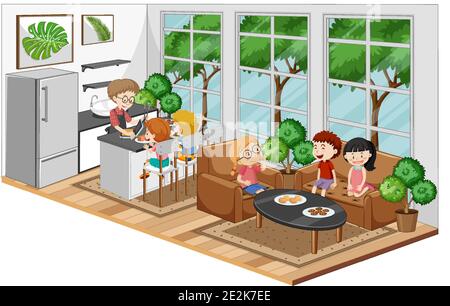 Glückliche Familie im Wohnzimmer und in der Küche Abbildung Stock Vektor