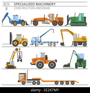 Spezielle industrielle Konstruktion und Straße Maschine farbigen Vektor-Symbol auf weiß isoliert gesetzt. Abbildung Stock Vektor