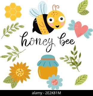 Set von Elementen - Blätter, Honig, Biene, Sonnenblume Stock Vektor