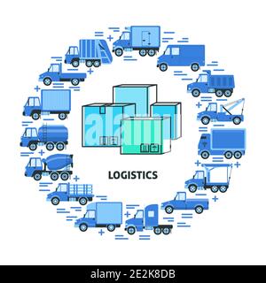 Cargo Transport und Logistik Rundkonzept mit verschiedenen Lkw-Typen im flachen Stil. Trucking Industrie Ikonen Sammlung im Kreis mit Boxen Stock Vektor