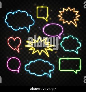 Sammlung von bunten Neon Sprechblasen mit Platz für Text. Set von transparenten elektrischen Licht Frames isoliert auf dunklem Hintergrund. Stock Vektor