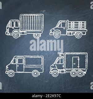 Set von LKW-Icons Skizzen auf Tafel. Sammlung von Lastenfahrzeug Symbole Zeichnungen. Stock Vektor