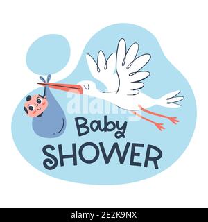 Niedliche Baby-Karte Vorlage mit einem handgezeichneten Storch hält einen kleinen Jungen. Stock Vektor