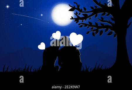 Ein Paar Mann und Frau sitzen unter Baum mit Mond Am Himmel bei Nacht Design Vektor Illustration Stock Vektor