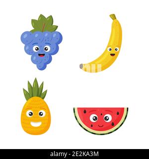 Vektorgrafik. Set glücklich niedlichen Wassermelone, Ananas, Traube und Banane für Kinder in Cartoon-Stil isoliert auf weißem Hintergrund. Lustiges Zeichen fr Stock Vektor