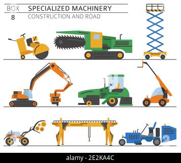 Spezielle industrielle Konstruktion und Straße Maschine farbigen Vektor-Symbol auf weiß isoliert gesetzt. Abbildung Stock Vektor