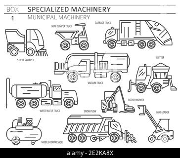 Spezielle Industriestraße und kommunale Maschine linearen Vektor-Symbol-Set isoliert auf weiß. Abbildung Stock Vektor