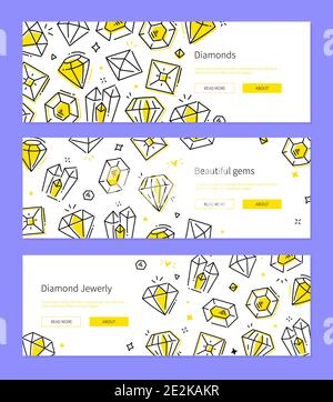 Diamantschmuck - Satz von Line-Design-Stil Banner mit handgezeichneten Elementen und Kopierer Platz für Ihren Text. Website-Header mit Umriss Silhouetten von p Stock Vektor