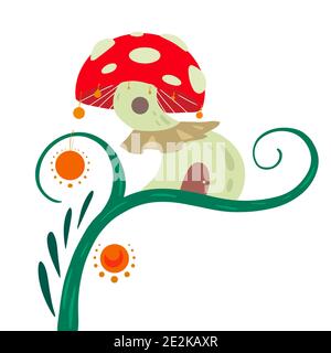 Cartoon Märchen Haus fliegen agaric auf einer Liane mit Laternen für Feen und Zwerge auf weißem Hintergrund. Ein fabelhaftes Zuhause für kleine Kreaturen. Vecto Stock Vektor