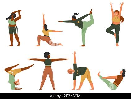 Frau tun Yoga Pose Vektor Illustration Set. Cartoon glücklich multinationale plus size weibliche Yogist Charakter in Sportswear Stretch Körper, fette Mädchen üben verschiedene Asana-Haltungen isoliert auf weiß Stock Vektor