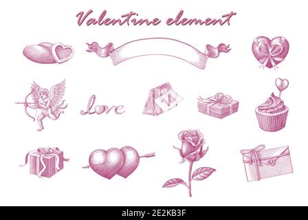 Valentine Element Hand zeichnen vintage Gravur Stil Clip Art isoliert Auf weißem Hintergrund Stock Vektor