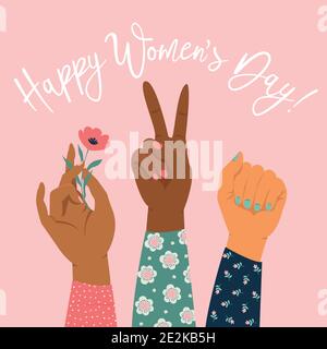 Frauen Hand mit ihrer Faust angehoben. Power Für Mädchen. Feminismus Konzept. Realistische Stil Vektor-Illustration in rosa Pastell Goth Farben isoliert auf weiß. S Stock Vektor
