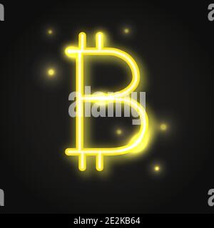 Transparentes neongelbes Bitcoin-Zeichen. Glänzendes goldenes helles Kryptowährung-Symbol auf dunklem Hintergrund isoliert. Stock Vektor