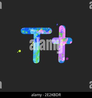 Buchstaben T Groß- und Kleinschreibung mit Wirkung von flüssigen Farbflecken in blau, grün, rosa Farben, isoliert auf dunkelgrau. Dekorationselement für die Gestaltung eines Flyers, Plakats, Deckblattes, Titels. Vektor Stock Vektor