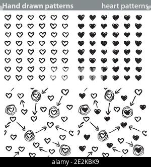 Vier verschiedene nahtlose Muster mit handgezeichneten Herzen. Stock Vektor