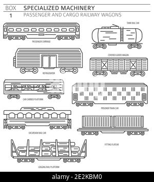 Sondermaschinensammlung. Passagier-und Güterbahn Waggons linearen Vektor-Symbol auf weiß isoliert gesetzt. Abbildung Stock Vektor