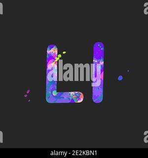 Buchstaben L Groß- und Kleinschreibung mit Wirkung von flüssigen Farbflecken in blau, lila, rosa Farben, isoliert auf dunkelgrau. Dekorationselement für die Gestaltung eines Flyers, Plakats, Deckblattes, Titels. Vektor Stock Vektor