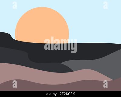 Berglandschaft in minimalistischem Stil. Sonnenaufgang und Sonnenuntergang, rote Sonne. Boho Decor für Drucke, Poster und Interior Design. Moderne Einrichtung aus der Mitte des Jahrhunderts. Stock Vektor
