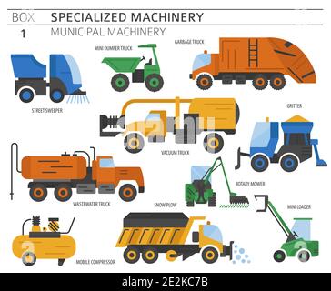 Spezielle Industriestraße und kommunale Maschine. Flacher Vektor-Symbolsatz für Farbe isoliert auf Weiß. Abbildung Stock Vektor